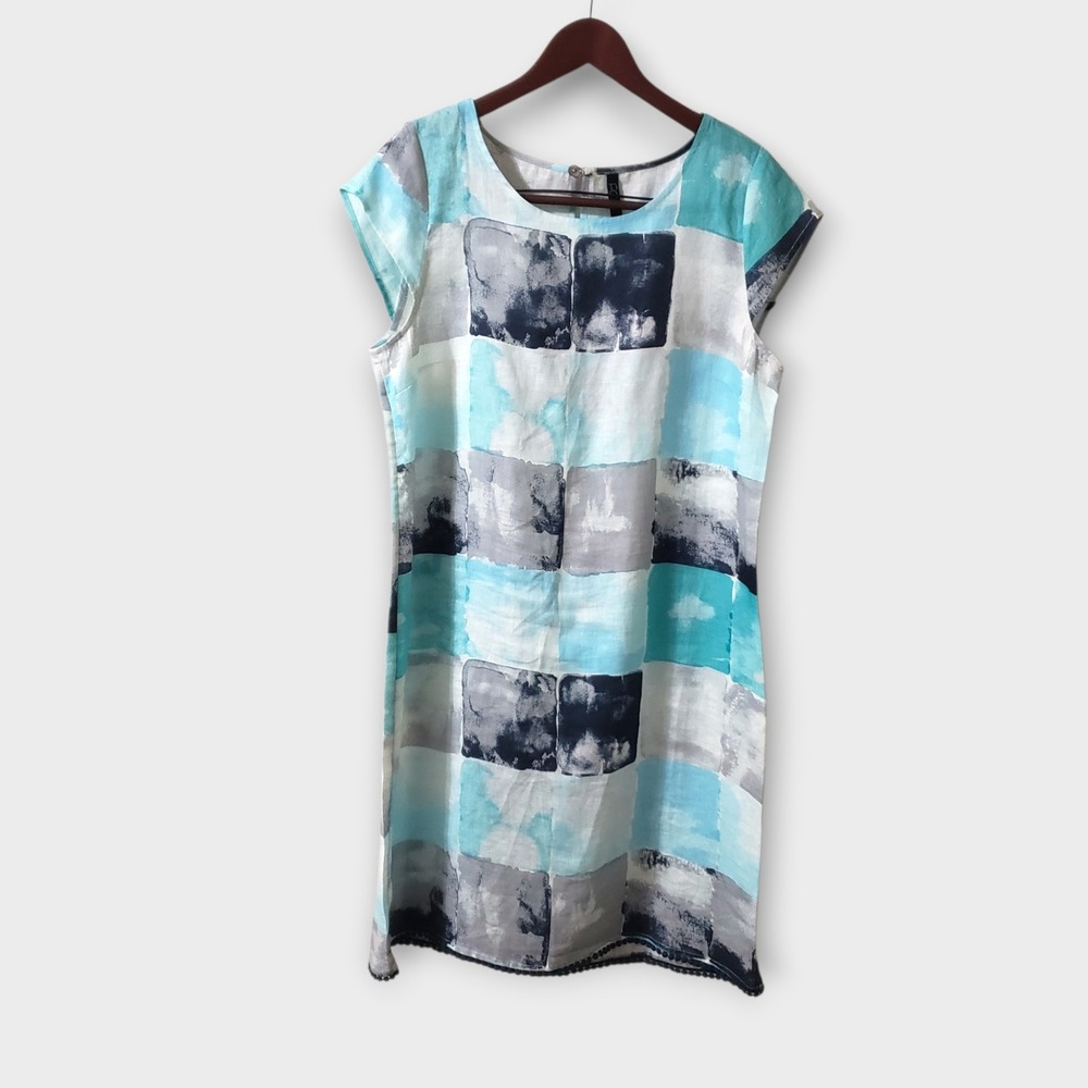 FOIL 100% Linen Abstract Block Print Shift Dress‎ Blue Pom Pom Hem Sz 14